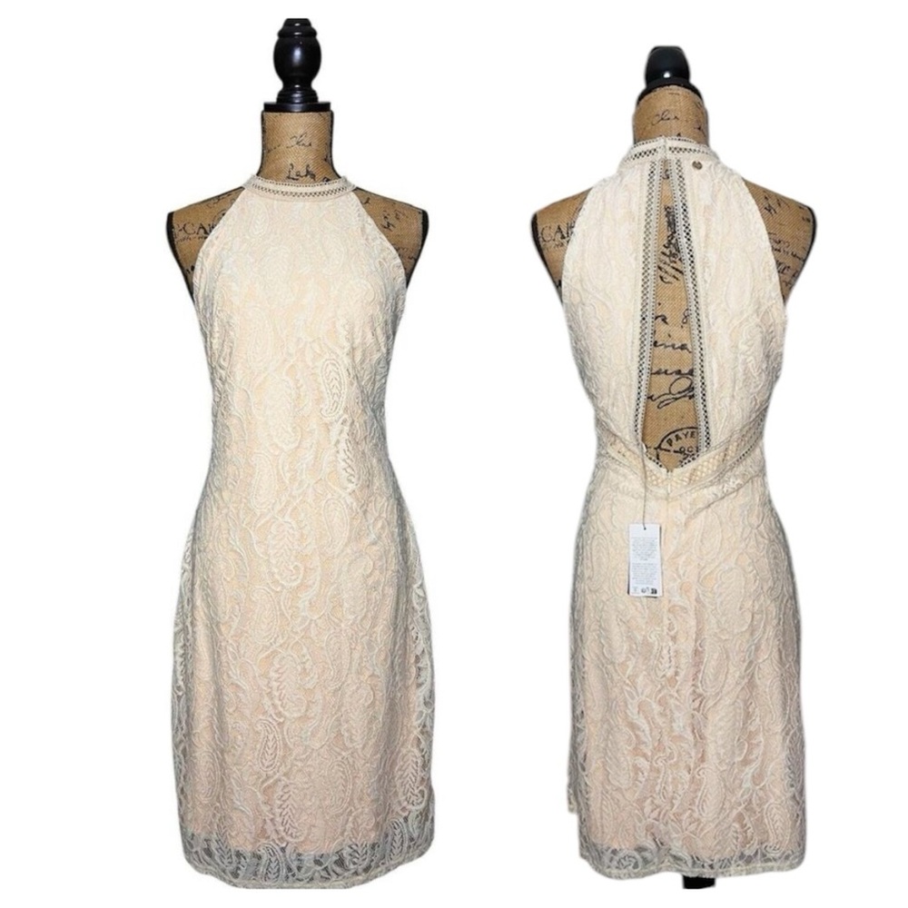 NWT GUESS DRESS BEIGE LACE OVERLAY PEACH BACKLESS LIZA MINI LARGE L